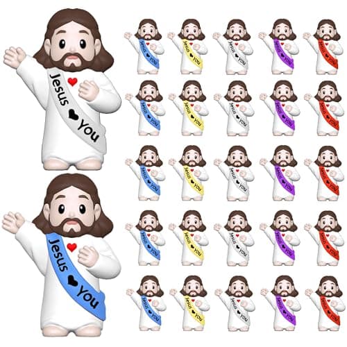Imerance 25 Pcs Little Jesus Figures，Mini Jesus Figurines Tiny Statues for Easter Egg Stuffers to Hide and Seek Sunday School Religious Party Share （Lively Color）
