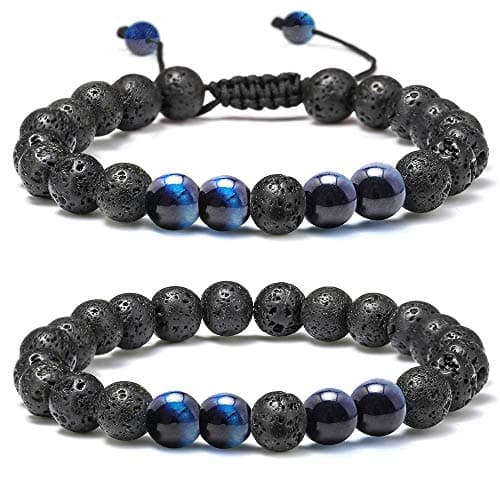 M MOOHAM Natural Bead Bracelet - Gem Semi Precious Stone Round Bead Black Lava Rock Blue Tiger Eye Beads Bracelet Adjustable Bracelets Birthday Gifts for Men - Image 1
