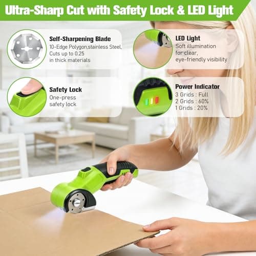 Qidejoy Cordless Cardboard Cutter Electric Scissors, Heavy Duty High-speed Rotary Box Cutter Tools for Fabric, Carpet, Paper, with 2 Blades & Gloves, 4.2V Rechargeable Battery, LED Light, Green - Thumbnail 2