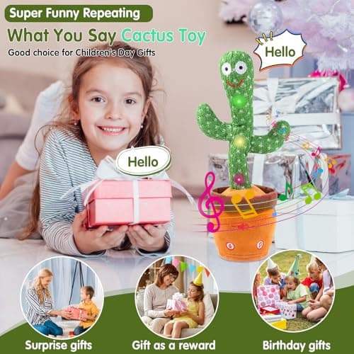 MIAODAM Dancing Talking Cactus Toy for Boys & Girls Ages 1-3, Interactive Plush Toy that Sings, Repeats Voice, with 10 Songs, LED Lights, Volume Adjustable, Ideal Gift for Toddler - Thumbnail 3