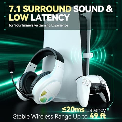 WizBolt Wireless Gaming Headset for PS5, PS4, PC, Switch, Gaming Headphones with 7.1 Surround Sound, Noise Isolating Microphone, Bluetooth 5.4, RGB Lights, 60H Battery Headsets for Mac, Laptop, Mobile - Thumbnail 2