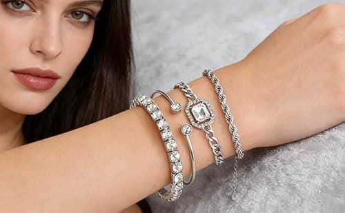 Bracelets Sets 14K Silver Plated Dainty Stackable Cuban Link Twisted Rope Chains Link Chains, Adorned Sparkling Crystal Gifts Jewelry - Thumbnail 6