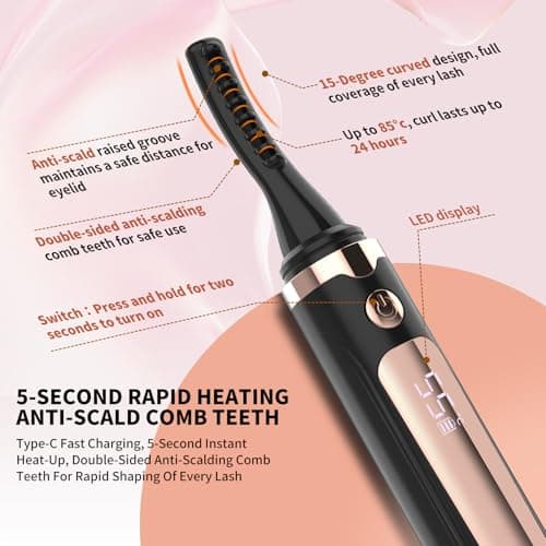 KiiNii Heated Eyelash Curler, Electric Eyelash Curler with 4 Temperature Settings, LED Display, 5S Fast Heating, Type-C Rechargeable Lash Curler, Long-Lasting Curl Styling Tool for Women - Black - Thumbnail 5
