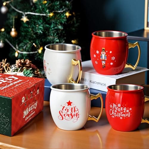 TJ Moscow Mule Mugs Set of 4, 12 oz Christmas Moscow Mule mugs with 304 Stainless Steel Lining and Gold Brass Handles for Drinking Water & Cocktails Juice, Beer, Bars, Parties,2 color - Thumbnail 4