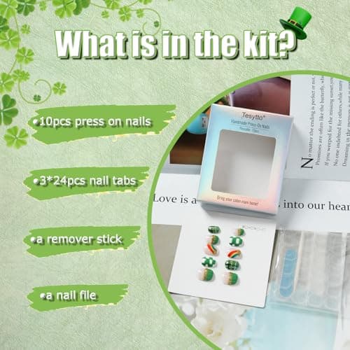 Tesytto St. Patrick’s Day Press On Nails Extra Short Round - Hand-painted Check Designs & Rainbow, Glitter Acrylic False Nails for St. Patrick Party Accessory (Green & Gold Rainbow Starlight, S) - Thumbnail 5