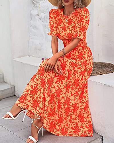 BTFBM Women Casual Summer Dresses 2026 Spring Crew Neck Ruffle Short Sleeve Smocked Floral Boho Flowy Maxi Dress Clothes(Big Floral Orange, Small) - Thumbnail 5