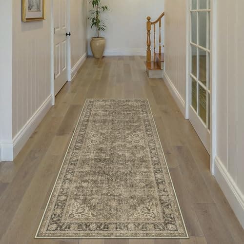 WondRg 3x7 Washable Runner Rug Brown Vintage Non Slip Soft Low Pile Hallway Kitchen Rug Distressed Oriental Carpet for Laundry Bathroom Bedroom Living Room Home Decor - Image 1