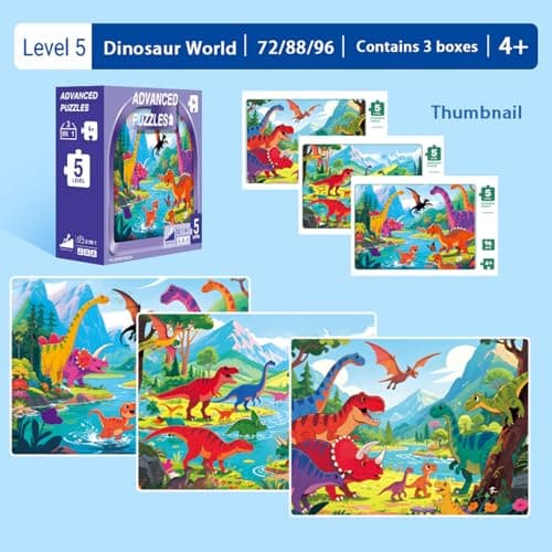 NurtureNook Dinosaur Puzzles for Kids Ages 4-6 3-5, Progressive Jigsaw Puzzle Set (72, 88, 96 Pieces), 3-in-1 Educational Learning Montessori Toys for Boys & Girls, Birthday Gift with 3 Storage Boxes - Thumbnail 2