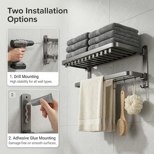 Lavstow 24 inch Towel Rack for Bathroom Wall Mounted, 2 Tier Foldable Bathroom Shelf with Tower Bars, Sturdy&Durable Aluminum Bath Towel Holder Lavatory Storage Organizer - Thumbnail 6