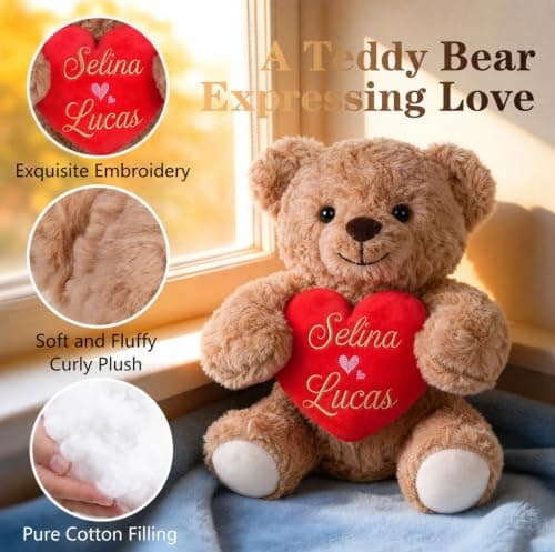MYPHNEX Personalized Kissy Teddy Bear Stuffed Animal, Custom Bear with Embroidered Name, Toys for Wedding Couples Girlfriend Kids, Customized Anniversary Birthday Gift for Her & Him (Couple Bear) - Thumbnail 4