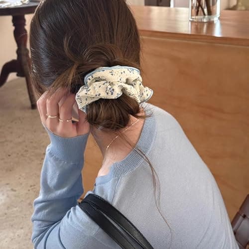 Jseng 3PCS Large Floral Scrunchies for Hair, Cute Hair Ties, Pink, Blue and Green - Thumbnail 2