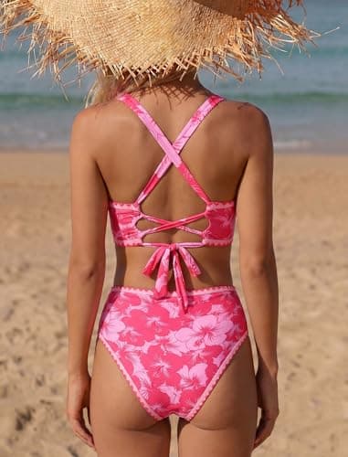 ZAFUL Womens High Waisted Bikini Sets Floral Print Whip Stitch Two Piece Swimsuit Crisscross Tie Back Bathing Suits 2026 Rose Red Large - Thumbnail 4