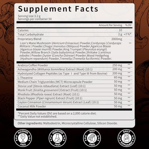 Catfit Instant Mushroom Coffee Powder, 10-in-1 Adaptogen Blend with Lion's Mane, Chaga & Cordyceps for Energy, Focus, Gut Health & Immune Support - 160g, 50 Servings - Thumbnail 2