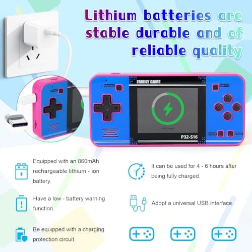 Handheld Game for Kids ，Built-in 220 32-bit Video Games, 3.0” IPS Screen, Rechargeable Portable Game , Travel Mini Arcade Electronic Toys Gift for Boys and Girls (Pink+Blue) - Thumbnail 3