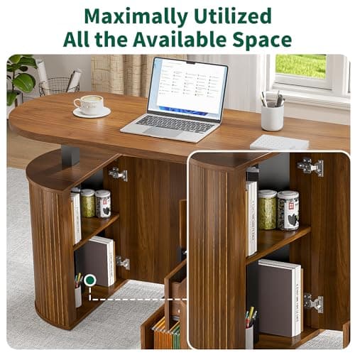Mid Century Modern Electric L Shaped Standing Desk, 59 x 47 Inch Corner Sit Stand Up Desk with File Drawer, 2 Cabinet, Wooden Adjustable Height Computer Executive Desk for Home Office, Walnut - Thumbnail 6