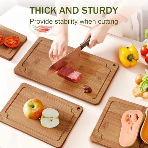 Bamboo Cutting Boards for Kitchen, Wood Cutting Board Set with Juice Grooves & Built-in Handles, Easy Storage & Clean Chopping Board for Meat, Vegetables, Fruit(4 Pcs) - Thumbnail 2