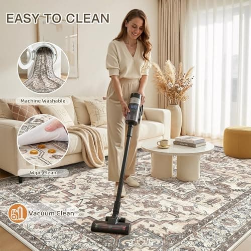 Jessibou 5x7 Area Rugs Living Room: Washable Vintage Rug Large Non-Slip Stain Resistant Ultra Soft Low Pile Pet Kids Friendly Carpets for Bedroom Dining Room Nursery Home Office Decor - Light Brown - Thumbnail 2