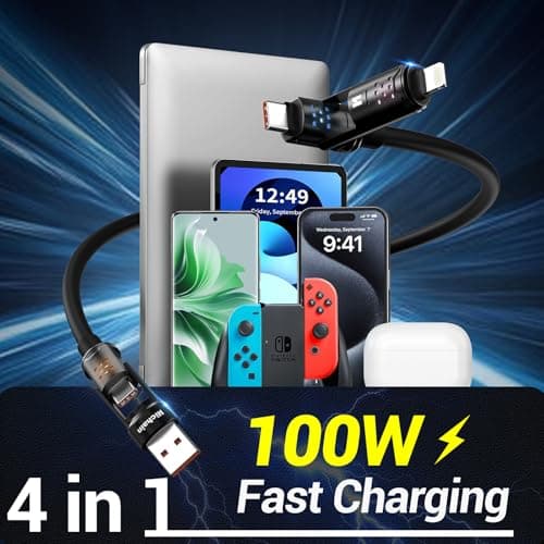 Hichain 100W 4-in-1 Multi Charging Cable, USB C to Lightning Cable, with Light for iPhone 17-15 Series Fast Charging, Chubby USB A/C to C/Lightning Charging Cord - 6 FT - Thumbnail 3