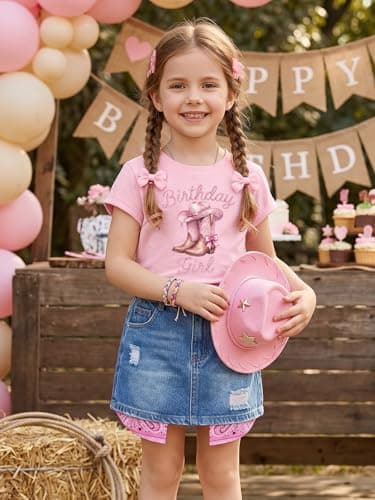 IsPICK Birthday Girl Shirt Toddler Kids Birthday Outfit Western Cake Bow Ribbon Girls Graphic Tees Party Tshirts 4-12 Years - Thumbnail 2