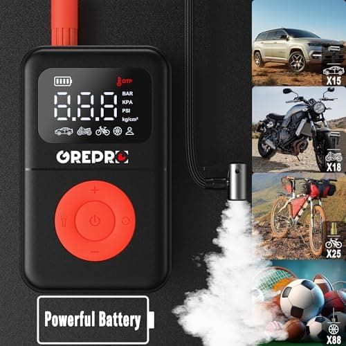 GREPRO Tire Inflator Portable Air Compressor, 160 PSI Portable Air Pump with Digital Pressure Gauge, LED Light, and Multiple Adapters for Car, Motorcycle, Bicycle, and Other Inflatables - Thumbnail 3