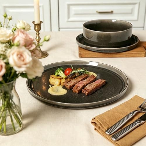 ALOFMO Dinnerware Sets for 4, ceramics Plates and Bowls Set, 12-Piece Modern Stoneware Dinnerware – Chip Resistant, Non-Toxic, Dishwasher and Microwave Safe Tableware, Black - Thumbnail 4
