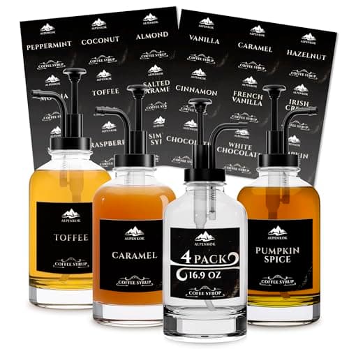 Set of 4 Glass Coffee Syrup Dispenser with Pump 16.9oz 500 ml – 18 Marked Labels – Leak-Proof Glass Syrup Bottles for Coffee Bar, Espresso Station & Barista Setups | Parties & Event Ready (Black)