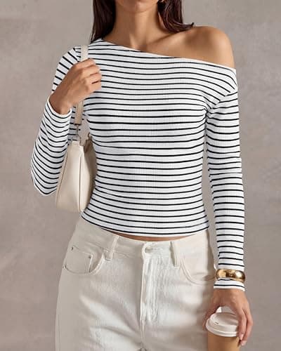 PRETTYGARDEN Womens Tops 2026 Fall Off The Shoulder Long Sleeve Shirts Striped Fitted Y2K T-Shirt Going Out Crop Top(Striped White Black,XX-Large) - Thumbnail 4