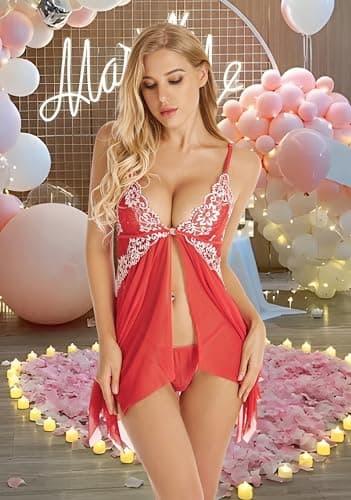 ADOREJOY Women's Lingerie Lace Babydoll Plus Size Sleepwear (red,L) - Thumbnail 2