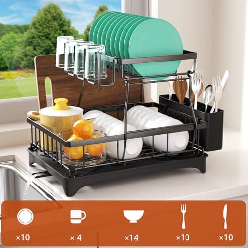 Godboat Dish Drying Rack, 2-Tier Dish Rack with Auto-Drain & Mat, Dish Racks for Kitchen Counter, Dish Drainer with Knife, Fork & Cup Rack, Gifts for Women, Mothers Day, Cool Stuff & Kitchen Gadgets - Thumbnail 2