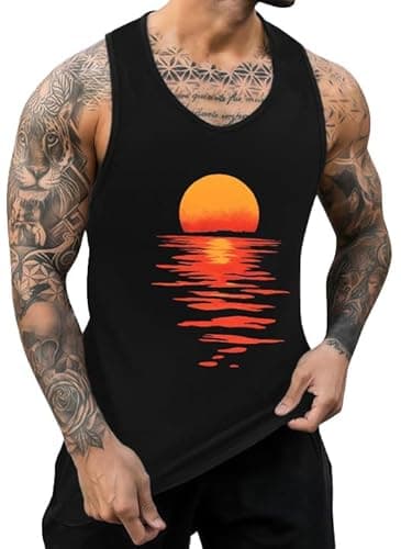 ONLYSTORY Mens Casual Summer Tank Tops Tropical Beach Printed Graphic Crewneck Sleeveless Shirts Workout Gym Muscle Tops Hawaii Vacation Black Sun Sea, XL - Image 1