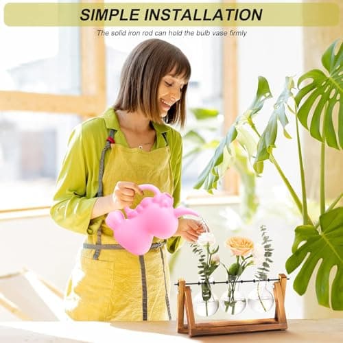 XXXFLOWER Plant Terrarium with Wooden Stand, Air Planter Bulb Glass Vase Metal Swivel Holder Retro Tabletop for Hydroponics Home Garden Office Decoration - 3 Bulb Vase - Thumbnail 4