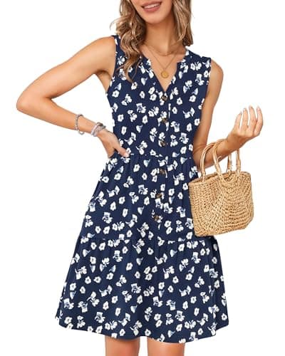 MOLERANI Women Summer Casual Dresses 2026 Sleeveless V Neck Button Down Floral Tiered Dress Picnic Beach Vacation Petite Soft,Floral Navy,XL - Image 1