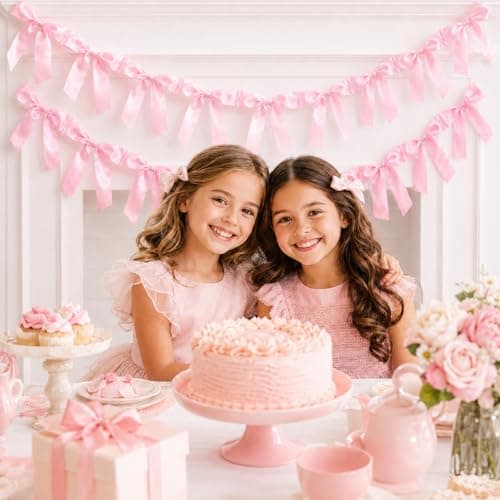 Pink Bow Garland Banner Coquette Birthday Party Decorations, 5.9FT Satin Bow Banner Decorations for Baptism Gift Daughter Nursery Baby Bridal Shower Wedding Favors Engagement Party Supplies - Thumbnail 2