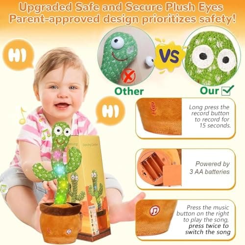 Dancing Talking Cactus Toy, Baby Singing Recording Mimicking Cactus Toy, Repeats What You Say, Musical Interactive Infant Toddler Toys for 1 Year Old Boys Girls, Baby Easter Basket Stuffers Gifts - Thumbnail 3