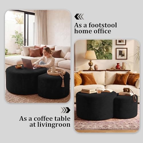BSHOMGI Nesting Coffee Table Set of 2, Upholstered Round Corduroy Circle Foam Round Side Table for Living Room, Entryway Set, 32"+17" Footrest No Assembly (Black, 32"+17") - Thumbnail 3