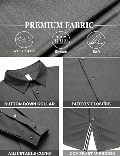 LETSEE Men's Button Down Dress Shirt Long Sleeve Untucked Business Casual Shirt Wrinkle Free Stretch Denim Texture - Thumbnail 5
