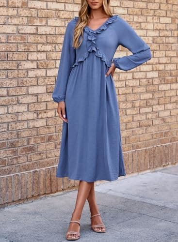 Dokotoo Dresses for Women Spring Outfits 2026 Blue Dress Plus Size Dresses for Teachers Wedding Guest Dress Casual V Neck Long Sleeve Women Clothing Summer Maxi Dress Blue - Thumbnail 2