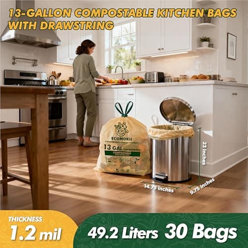 EcoMokii 13 Gallon Compostable Trash Bags with Drawstring, 30 Count, 49.2 Liter, 1.2 Mil Heavy Duty Extra Thick Large Kitchen Garbage Bin Liners, Compost Food Scraps Bag, BPI (ASTM D6400) - Thumbnail 3