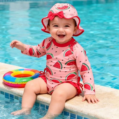 AMAWMW Infant Baby Girl Swimsuit Long Sleeve One-Piece Swimwear with Hat Rash Guard Floral Zipper Bathing Suit Beach Wear - Thumbnail 3