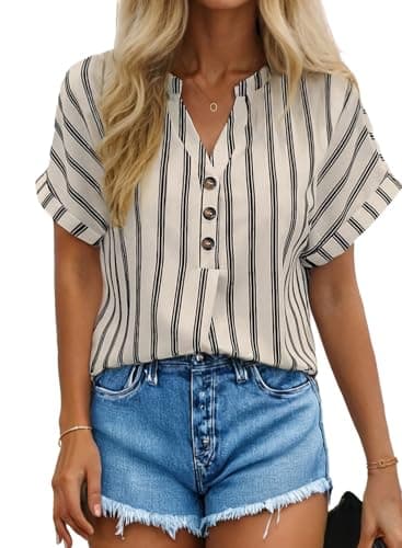 Dokotoo Summer Short Sleeve Shirts for Women Casual Lightweight V Neck Button Blouses Womens Fashion Striped Roll Up Batwing Sleeve Business Work Shirt Apricot Small - Image 1