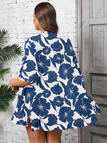 AusLook Plus Size Printed Cardigan for Women 3X Short Sleeve Lightweight Open Front Shrug with Pockets for Dresses and Layering - Thumbnail 6