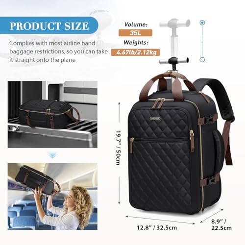 GOLF QUALITY Rolling Backpack for Women,Travel Laptop Backpack with Wheels Roller Wheeled Backpack Underseat Carry On Luggage for Travel Business Trip,Fit 17Inch,Black - Thumbnail 2