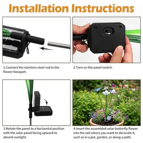 Hoikwo Solar Garden Lights 4 Pack, Swaying Butterfly Flower Stakes Outdoor, Lifelike Butterflies and Flowers with 6 LED Warm Lights, Solar Lights Decor for Yard, Patio, Garden, Pathway - Thumbnail 3