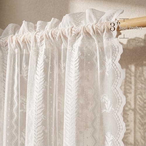 NICETOWN Outdoor Lace Curtains for Patio Waterproof, White Sheer Drapes for Porch Pergola, Gazebo Chic Decor with Lily of the Valley Striped Wave Edge, Rod Pocket Top, 2 Panels, W54 x L96 in - Thumbnail 3