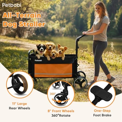Petbobi Dog Wagon Stroller for Large & Medium Dogs - 2-in-1 Push-Pull Pet Stroller with Ramp, Foldable All Terrain Wagon Cart, One-Step Brake, Suitable for Outdoor Walks & Camping, Orange - Thumbnail 3