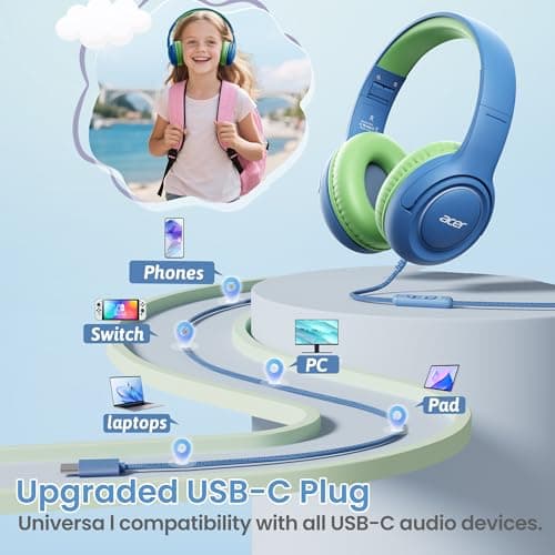 Acer USB-C Kids Headphones - 85/94dB Safe Volume Limited, Foldable Wired Over Ear Headphones for Travel, Toddler Headphones for School, Travel, iPad, Tablet, Blue Green, HK03C - Thumbnail 5