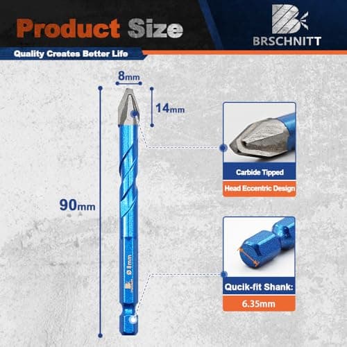 BRSCHNITT Head Eccentric Drill Bit 5/16" 8mm - 10pcs Carbide Tipped Drill Bit Masonry Drill Bit Sets for Porcelain Ceramic Tiles Glass Hard Plastic Cement/Granite etc - Thumbnail 2