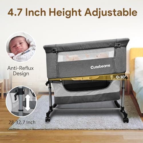 cutebeams Twin Bassinet for 2 Babies, 3 in 1 Bedside Co Sleeper Double Bassinet for Twins, Rocking Bassinet for Baby with Wheels and Storage Basket, Includes Mattress (Grey) - Thumbnail 4