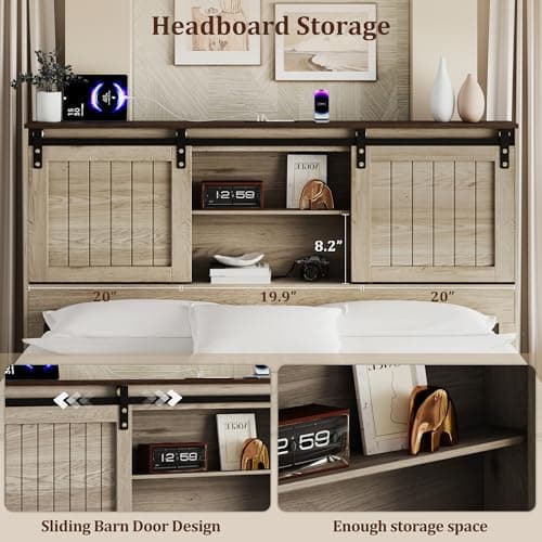 Uteeran King Size Bed Frame with Storage Headboard, Sliding Barn Door, Wood Platform Bed with Reading Light and Charging Station, Wood Slats Support, Easy Assembly, Noise-Free, Light Rustic Oak - Thumbnail 3