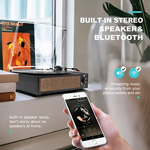 Vinyl Record Player with Speakers Vintage Turntable for Vinyls Records Belt-Driven Turn Table Support 3-Speed, Wireless Playback, Headphone, AUX-in, RCA Line LP Phonograph for Sound Enjoyment Black - Thumbnail 5